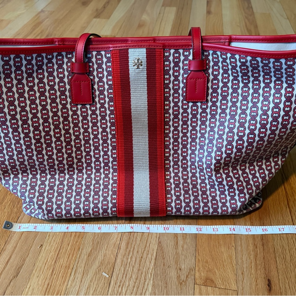 Stylish Red and White Tory Burch Tote Bag